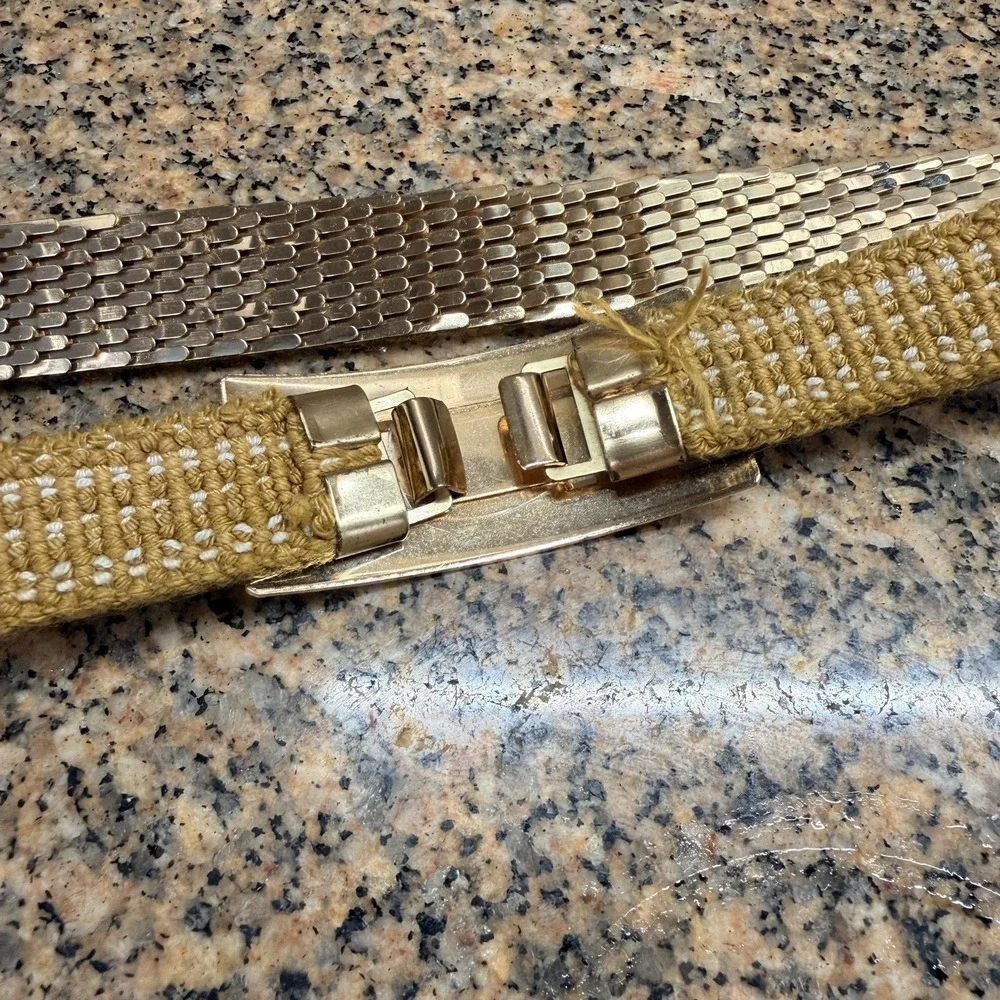 VTG Stretch Waist Belt Womens One Size Gold Metal Elastic Wide Textured Chain